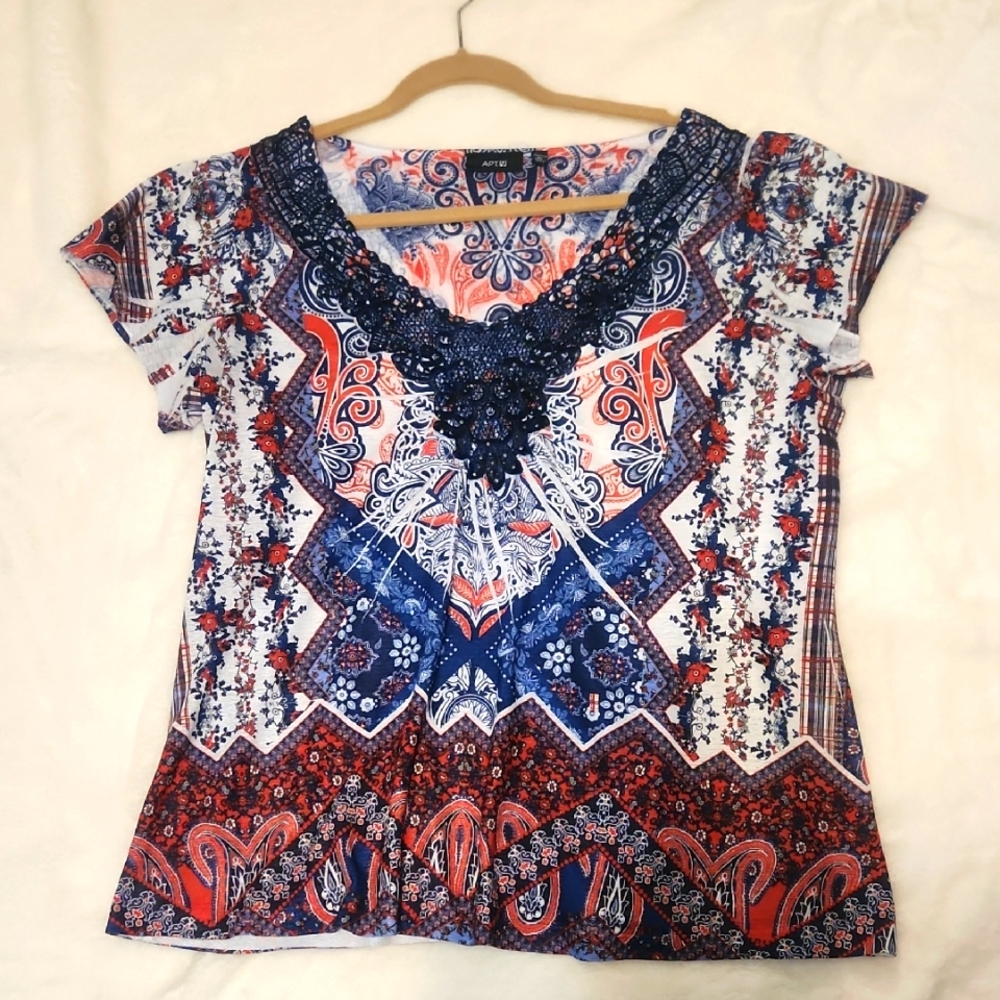 Apt. 9 Red, White & Blue Graphic Women's Short Sleeve Blouse Size OX